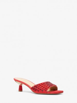 Michael Kors Amal Embellished Faux Suede Kitten Sandal Sandalen Damen Rot | VK9642853