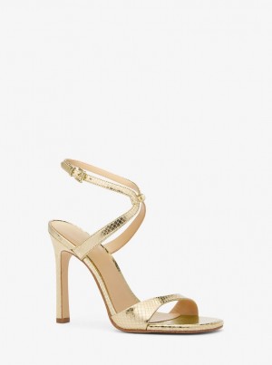 Michael Kors Amara Metallic Snake Embossed Leather Sandal Sandalen Damen Gold | PR3596278