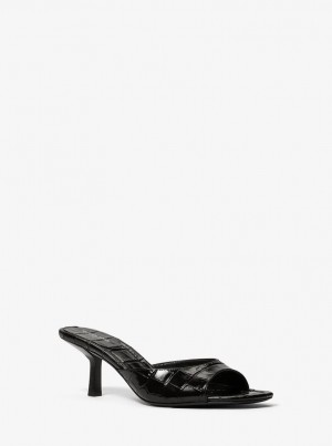 Michael Kors Anita Crocodile Embossed Leather Sandal Sandalen Damen Schwarz | FZ4268173