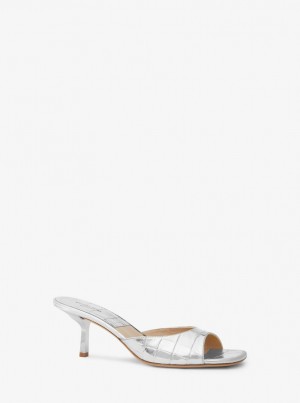 Michael Kors Anita Metallic Crocodile Embossed Leather Sandal Pumps Damen Silber | RU4715963