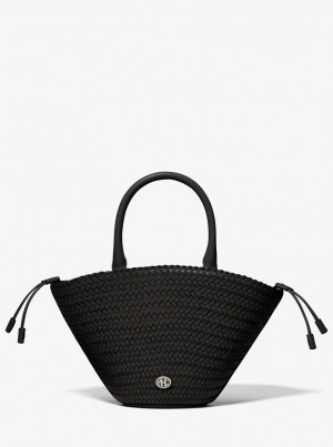 Michael Kors Audrey Woven Leather Market Bag Schultertasche Damen Schwarz | UD0127536