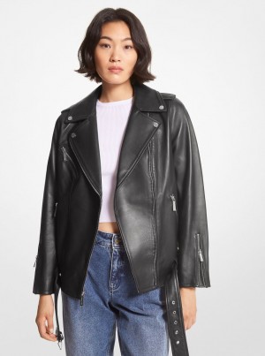 Michael Kors Belted Leather Biker Jacket Jacken Damen Schwarz | ST1735208