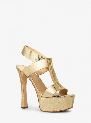 Michael Kors Berkley Metallic Snake Embossed Leather Platform Sandal Sandalen Damen Gold | LU4958271