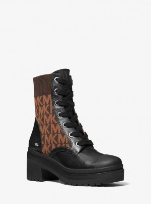 Michael Kors Brea Leather and Logo Jacquard Combat Boot Stiefel Damen Braun | WH5906721