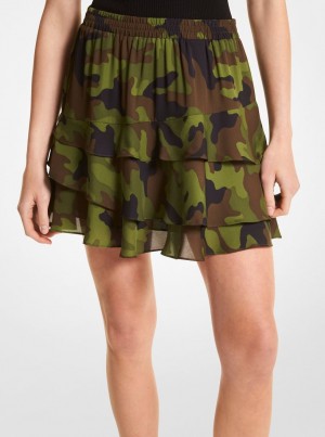 Michael Kors Camouflage Silk Georgette Ruffled Skirt Röcke Damen Olivgrün | CI8274153