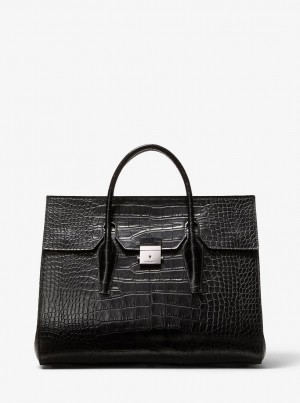 Michael Kors Campbell Crocodile Embossed Leather Weekender Bag Satchel Tasche Damen Schwarz | FL1839207