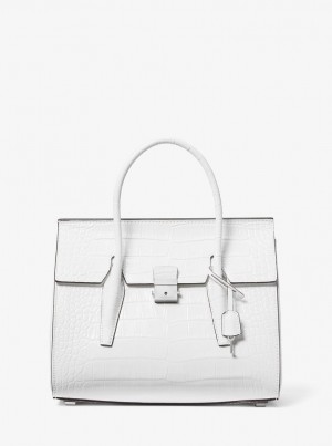 Michael Kors Campbell Medium Crocodile Embossed Leather Satchel Satchel Tasche Damen Weiß | XN8751643