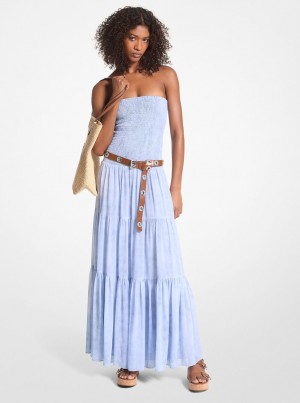 Michael Kors Chambray Print Smocked Georgette Maxi Dress Kleid Damen Chambray | NK0129654