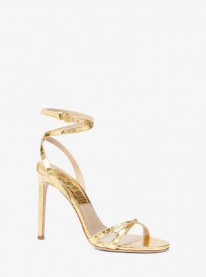 Michael Kors Chrissy Metallic Python Embossed Leather Sandal Sandalen Damen Gold | QP4267531