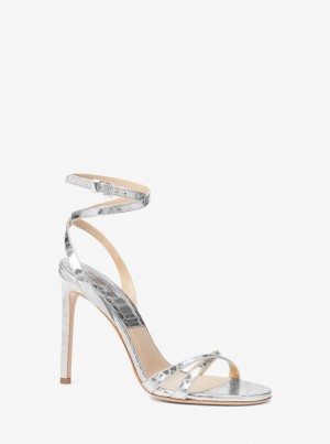 Michael Kors Chrissy Metallic Python Embossed Leather Sandal Sandalen Damen Silber | SW1794806