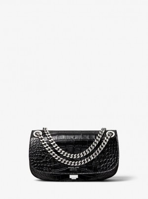Michael Kors Christie Crocodile Embossed Leather Envelope Bag Unterarmtasche-Taschen Damen Schwarz | AN1905847