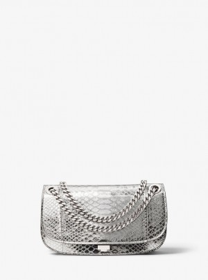 Michael Kors Christie Mini Metallic Python Embossed Leather Envelope Bag Unterarmtasche-Taschen Damen Silber | ND8364729