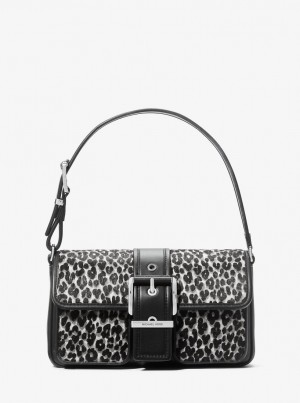 Michael Kors Colby Medium Leopard Print Calf Hair Shoulder Bag Schultertasche Damen Schwarz | TW0379654