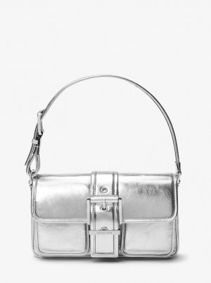 Michael Kors Colby Medium Metallic Leather Shoulder Bag Schultertasche Damen Silber | DC7620395