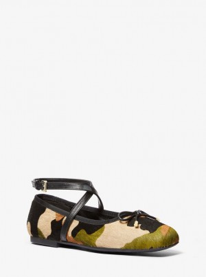 Michael Kors Collette Camouflage Print Calf Hair Ballet Flat Flache Schuhe Damen Olivgrün Mehrfarbig | DH1952478