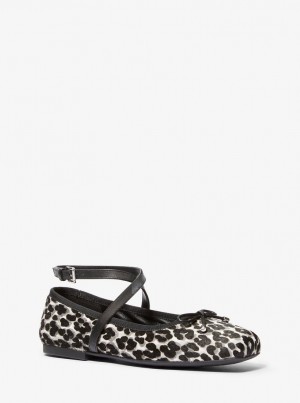 Michael Kors Collette Leopard Print Calf Hair Ballet Flat Flache Schuhe Damen Schwarz | CG9435081