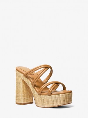 Michael Kors Corrine Leather and Straw Platform Sandal Sandalen Damen Pale Peanut | MH1703948