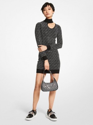 Michael Kors Crystal Logo Stretch Viscose Cutout Dress Kleid Damen Schwarz Silber | CP7693258