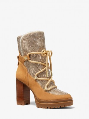 Michael Kors Culver Embellished Nubuck and Glitter Chain Mesh Lace-Up Boot Stiefeletten Damen Braun | FX1240937