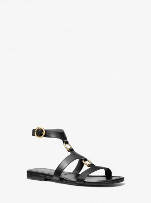 Michael Kors Dusty Ring Leather Sandal Flache Schuhe Damen Schwarz | HW7314568