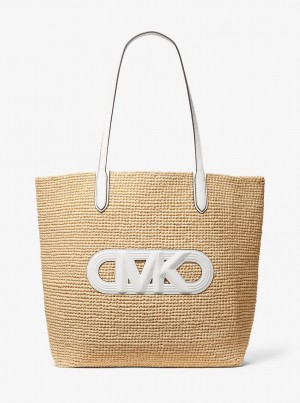 Michael Kors Eliza Extra-Large Empire Logo Straw Tote Bag Handtasche Damen Nat/Opticwht | EH2946305