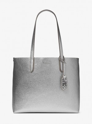 Michael Kors Eliza Extra-Large Metallic Pebbled Leather Reversible Tote Bag Handtasche Damen Silber | NT0769358