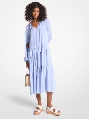 Michael Kors Embellished Printed Georgette Dress Kleid Damen Chambray | WC9417308