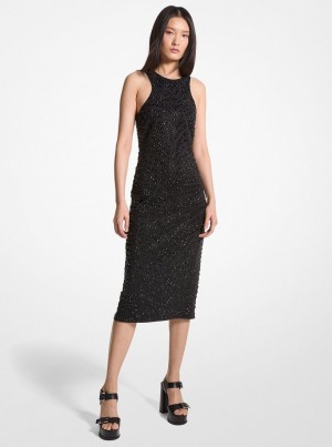 Michael Kors Embellished Zebra Scuba Midi Dress Kleid Damen Schwarz | VM3698510