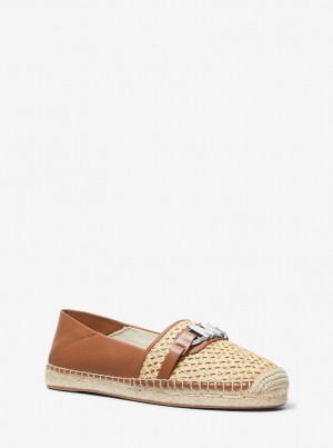 Michael Kors Ember Leather and Straw Espadrille Flache Schuhe Damen Beige | TI7289364