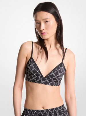 Michael Kors Empire Logo Print Satin Bra Top Oberteile Damen Schwarz Weiß | ME4507192