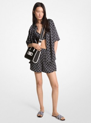 Michael Kors Empire Logo Print Satin Camp Shirt Oberteile Damen Schwarz Weiß | MD9634780