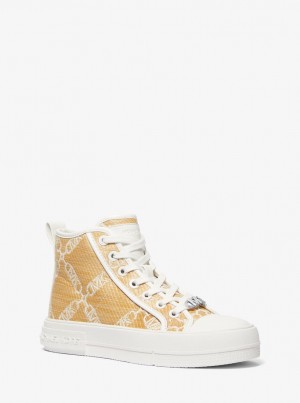 Michael Kors Evy Empire Logo Jacquard Straw High-Top Sneaker Sneakers Damen Nat/Opticwht | WN6804592