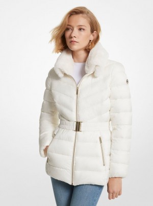 Michael Kors Faux Fur Trim Quilted Nylon Packable Puffer Jacket Jacken Damen Beige | QT3481670
