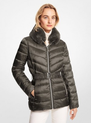 Michael Kors Faux Fur Trim Quilted Nylon Packable Puffer Jacket Jacken Damen Olivgrün | JC3416289