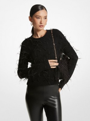 Michael Kors Feather Embellished Merino Wool Blend Cropped Sweater Pullover Damen Schwarz | EB8024396
