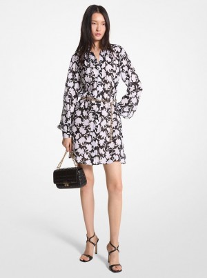 Michael Kors Floral Georgette Midi Dress Kleid Damen Schwarz Weiß | SW1678549