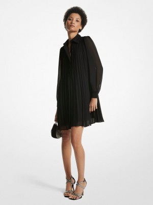 Michael Kors Georgette Pleated Shirtdress Kleid Damen Schwarz | SL4956021