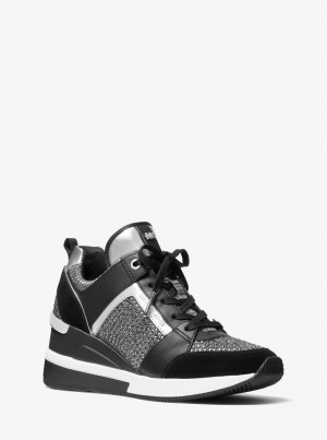 Michael Kors Georgie Leather and Glitter Chain-Mesh Trainer Sneakers Damen Dunkelgrau | FJ5294671