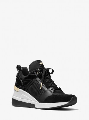Michael Kors Georgie Nylon and Crocodile Embossed Leather Trainer Sneakers Damen Schwarz | FN9238675