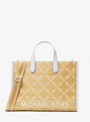 Michael Kors Gigi Large Empire Logo Jacquard Straw Tote Bag Handtasche Damen Nat/Opticwht | TO3190576