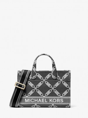 Michael Kors Gigi Small Empire Logo Jacquard Messenger Bag Umhängetasche Damen Schwarz Weiß | YM5016492