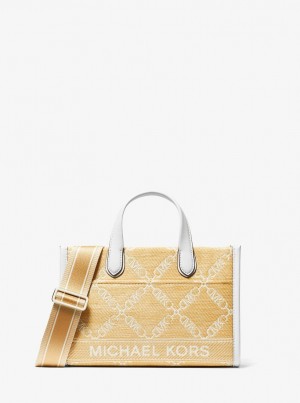 Michael Kors Gigi Small Empire Logo Jacquard Straw Messenger Bag Umhängetasche Damen Nat/Opticwht | BI4356281