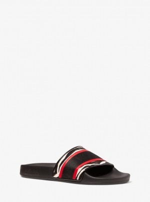 Michael Kors Gilmore Logo Tape and Printed Calf Hair Slide Sandal Sandalen Damen Schwarz Rot | TL5817069