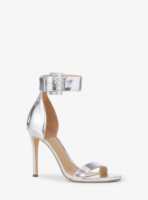 Michael Kors Giselle Metallic Snake Embossed Leather Sandal Sandalen Damen Silber | XM5394867
