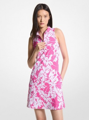 Michael Kors Golf Palm Print Stretch Knit Zip-Up Polo Dress Kleid Damen Rosa | SG4057329