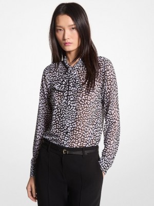 Michael Kors Graphic Leopard Print Georgette Tie-Neck Blouse Oberteile Damen Schwarz Weiß | RO0892461