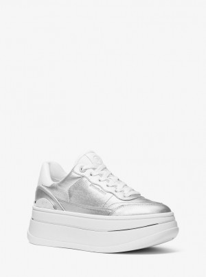 Michael Kors Hayes Metallic Leather Platform Sneaker Sneakers Damen Silber | NO8176932