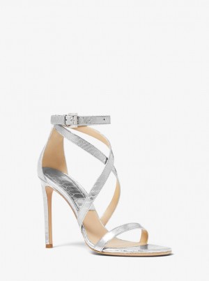 Michael Kors Ingrid Metallic Python Embossed Leather Sandal Sandalen Damen Silber | VD3218609