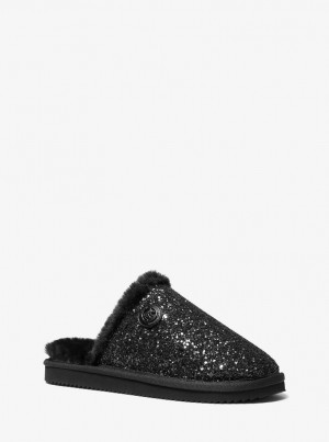 Michael Kors Janis Faux Fur-Lined Glitter Slipper Hausschuhe Damen Schwarz | YG1658073
