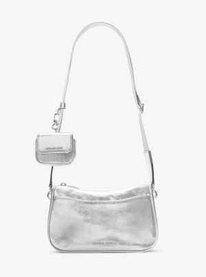 Michael Kors Jet Set Medium Metallic Leather Crossbody Bag with Case for Apple AirPods Pro Umhängetasche Damen Silber | MU6243189